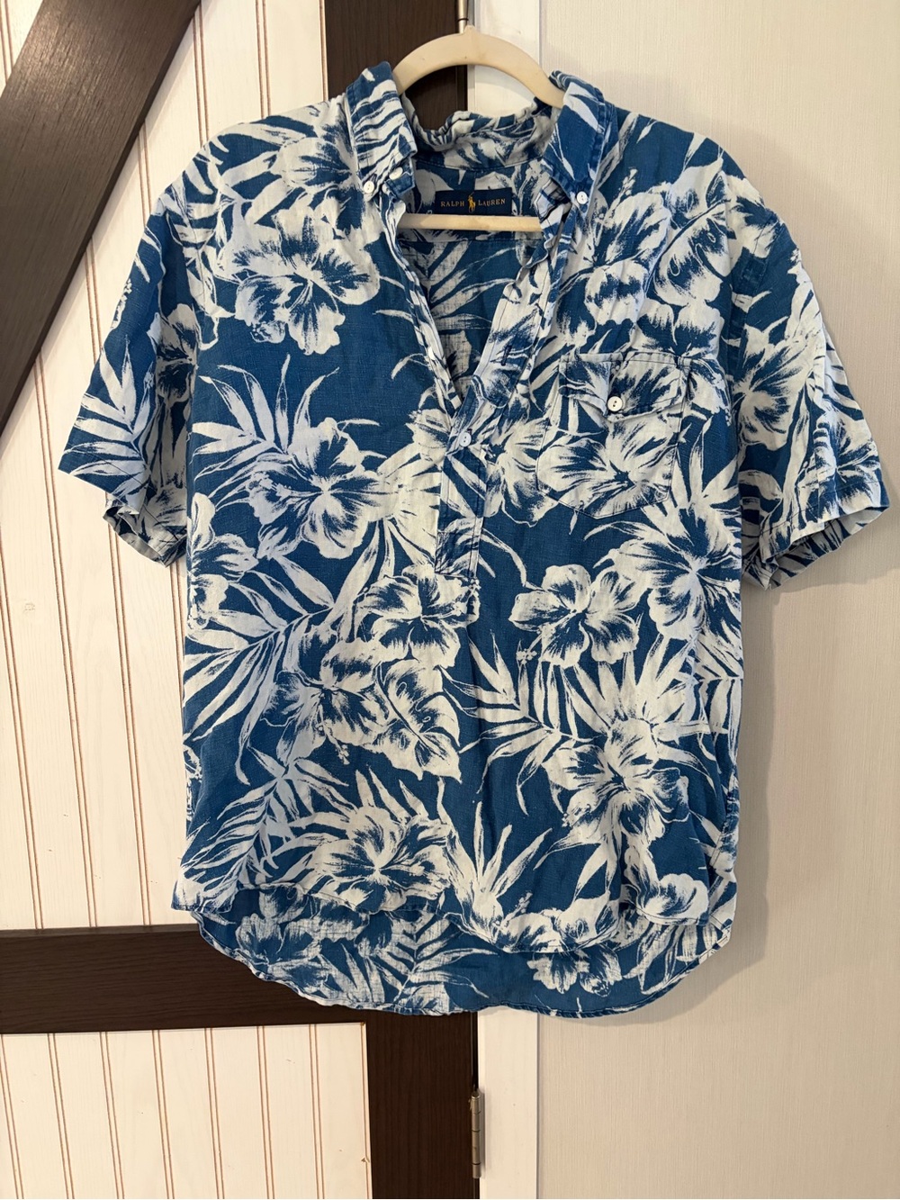 Ralph Lauren Shirt Men Large 100%  Linen Blue White Floral Hawaiian Tropical
